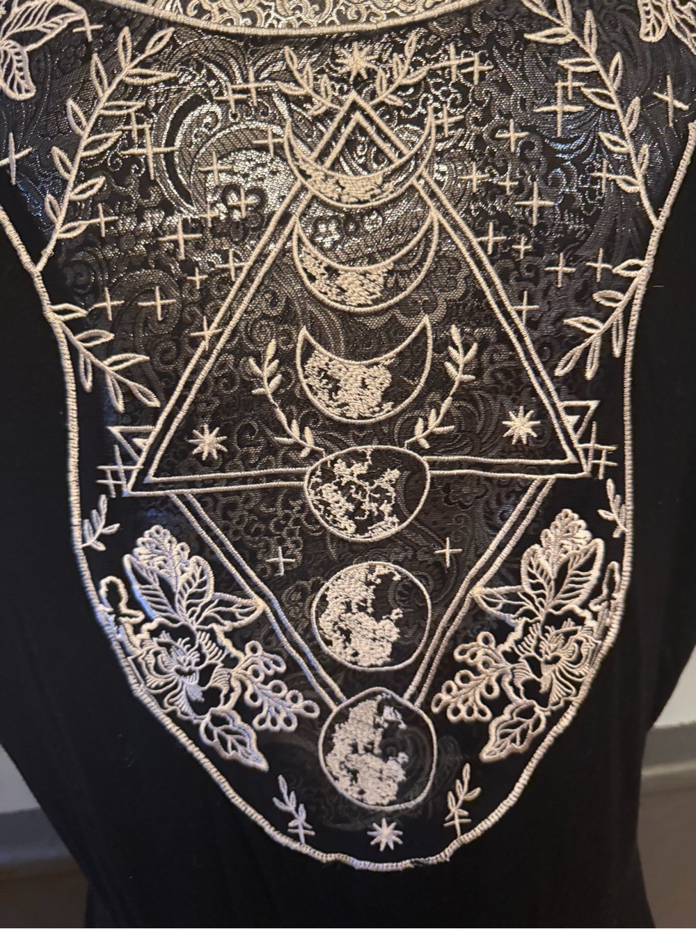 Black Scoop-Neck Mini Dress with Pockets and Sheer Detailed Moon Phase Back - Picture 4 of 8